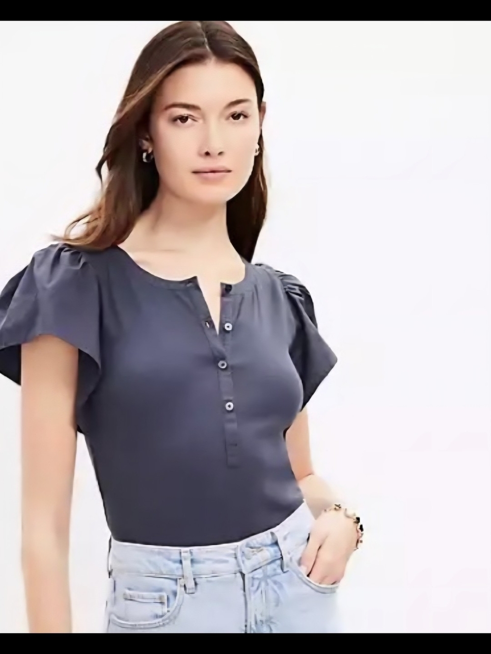 LOFT Navy Henley Button Short Sleeve Top With Flutter Sleeves Ladies Medium.